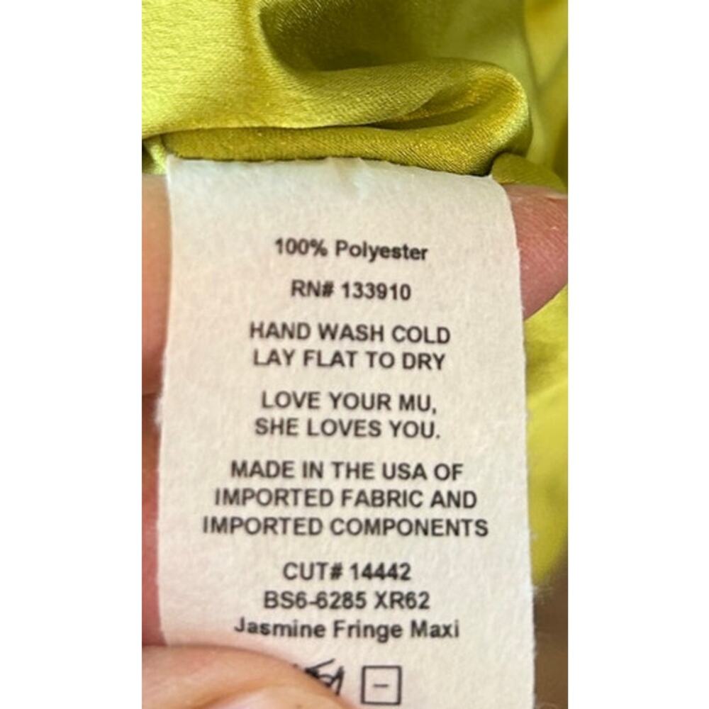 Show Me Your Mumu Jasmine Fringe Maxi in Chartreuse Luxe Satin L NWT - Picture 6 of 9